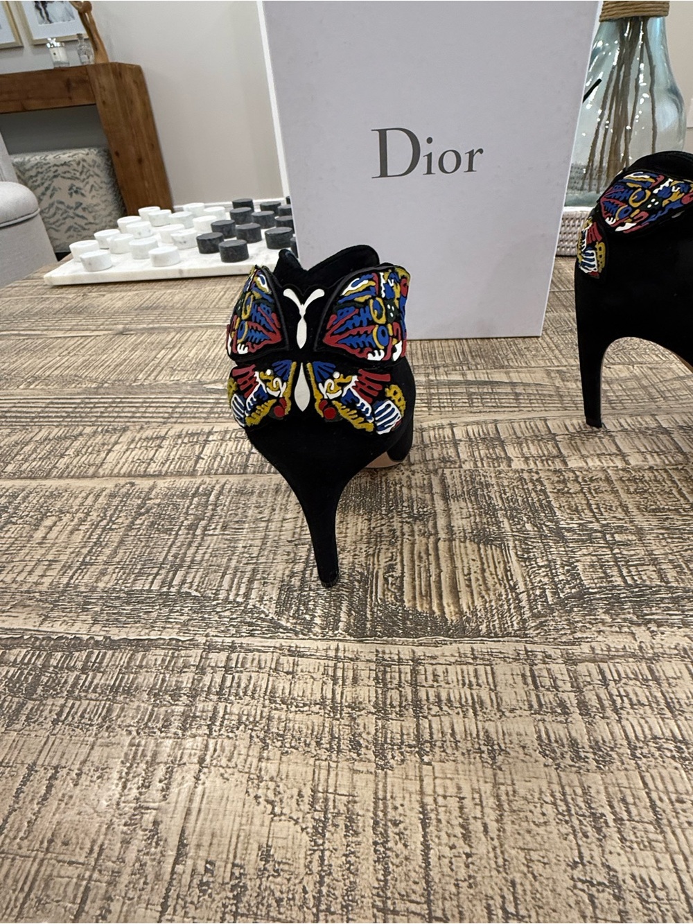 Dior Black Suede Pointed Pumps with Multicolor Embellished Heel Accent - Picture 9 of 15